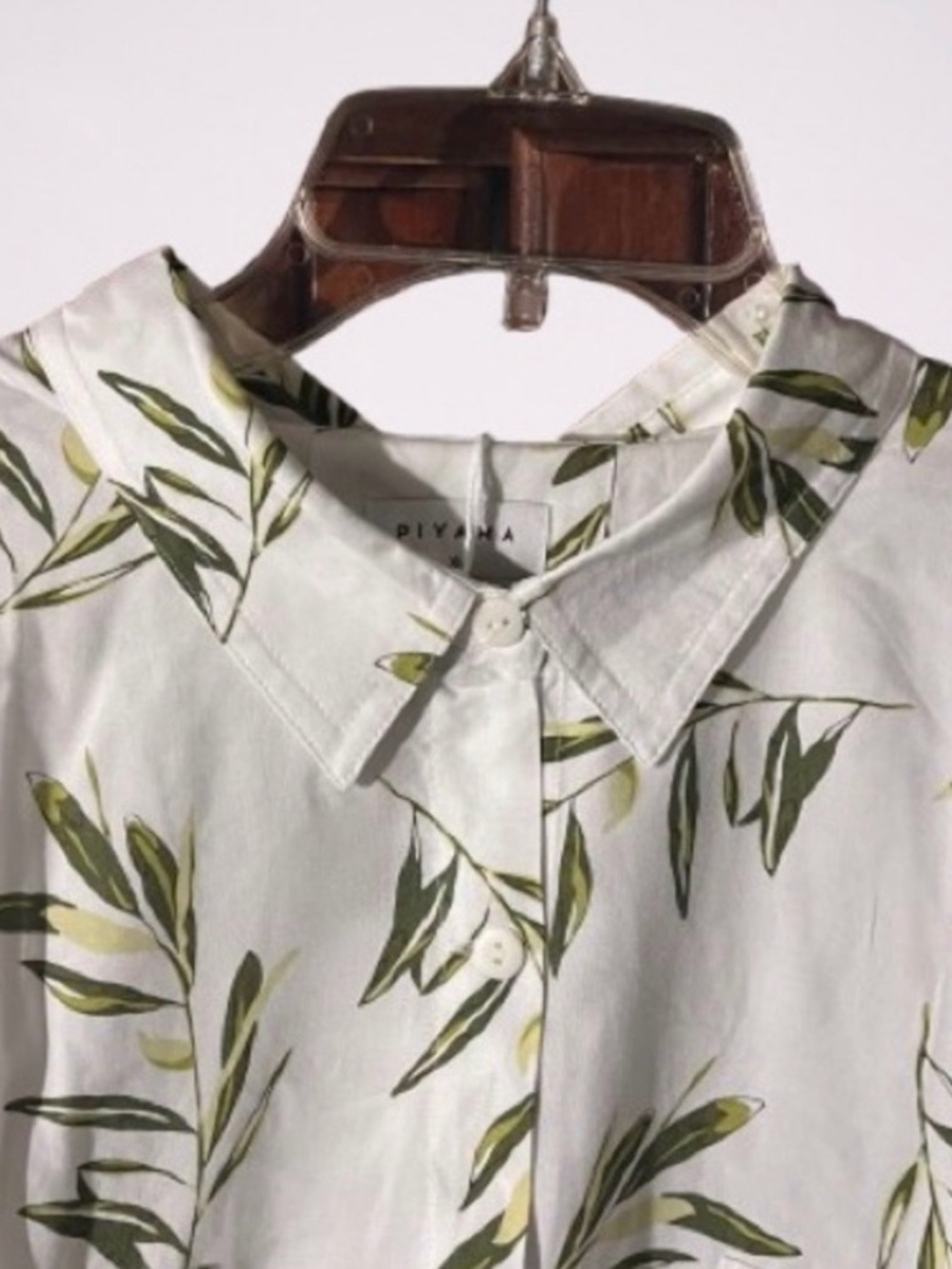 Piyama Marlon Leaf Print Cotton Pajama Set in Cream and Olive Medium Shirt/Pant - Picture 6 of 11